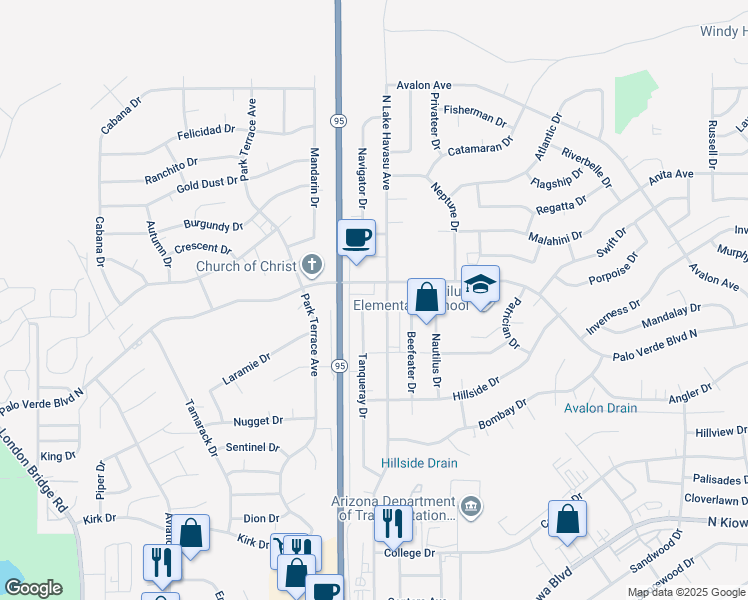 map of restaurants, bars, coffee shops, grocery stores, and more near 1479 Tanqueray Drive in Lake Havasu City