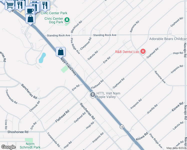 map of restaurants, bars, coffee shops, grocery stores, and more near 21013 Pine Ridge Avenue in Apple Valley