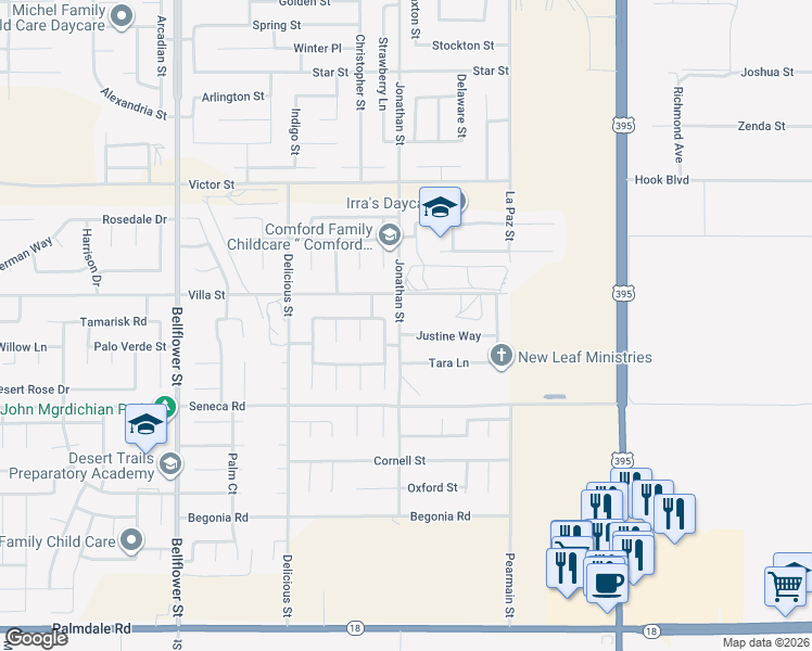 map of restaurants, bars, coffee shops, grocery stores, and more near 11704 Justine Way in Adelanto