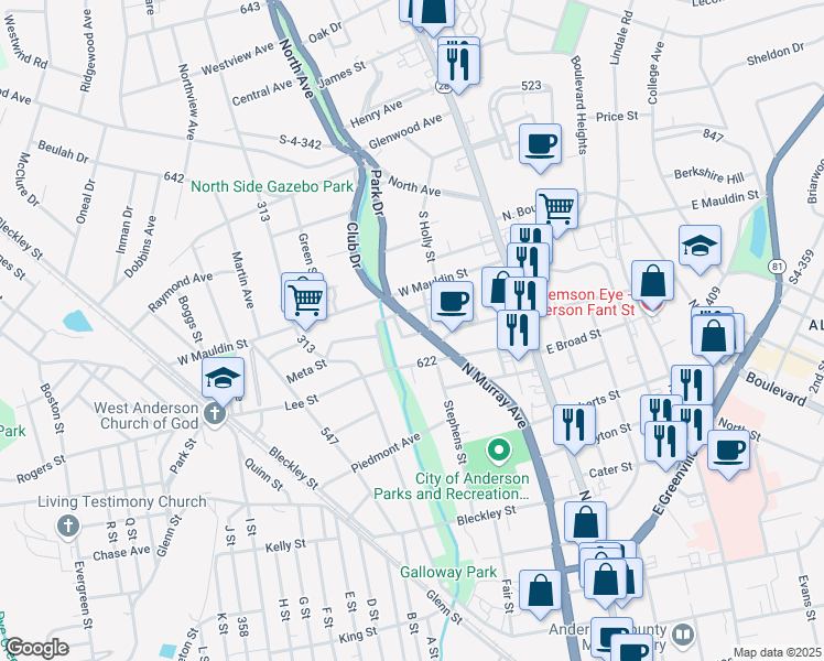 map of restaurants, bars, coffee shops, grocery stores, and more near 302 Morris Lane in Anderson