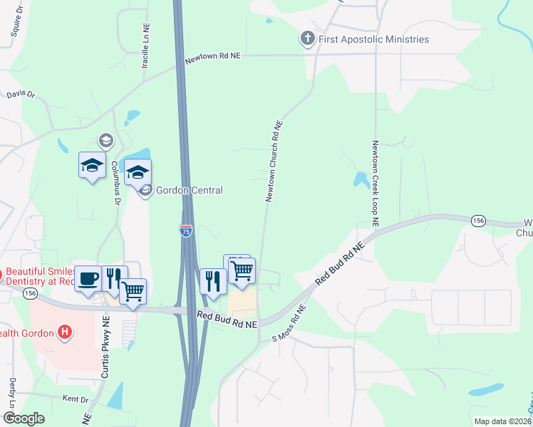 map of restaurants, bars, coffee shops, grocery stores, and more near 188 Newtown Church Road Northeast in Calhoun