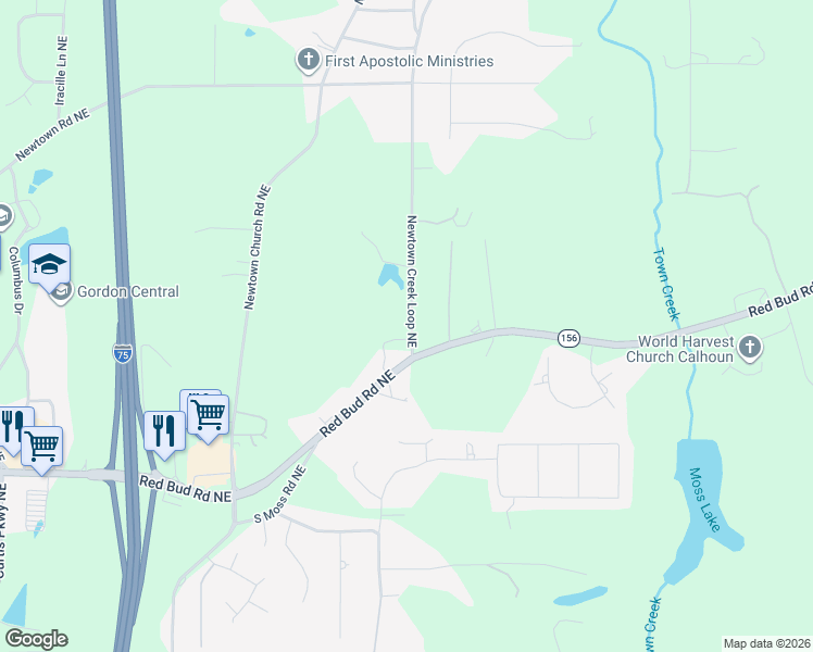 map of restaurants, bars, coffee shops, grocery stores, and more near 134 Newtown Creek Loop Northeast in Calhoun