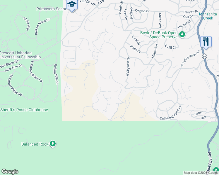 map of restaurants, bars, coffee shops, grocery stores, and more near 1260 Coyote Run Trail in Prescott