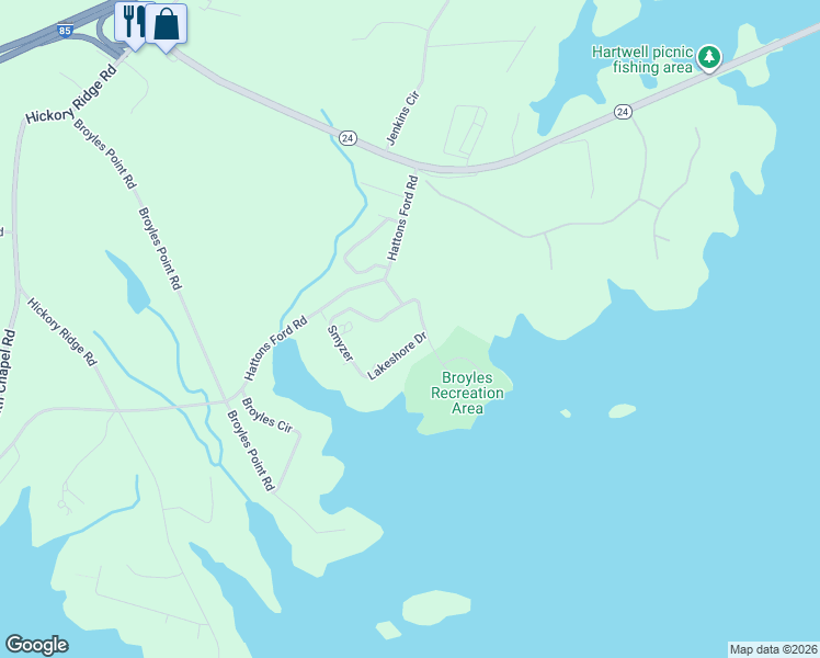 map of restaurants, bars, coffee shops, grocery stores, and more near 1209 Lakeshore Drive in Townville