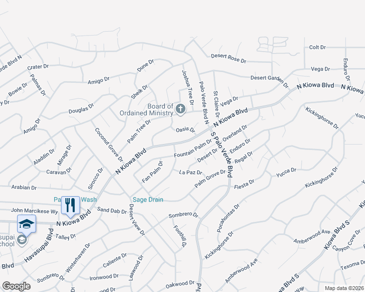 map of restaurants, bars, coffee shops, grocery stores, and more near 3340 North Kiowa Boulevard in Lake Havasu City