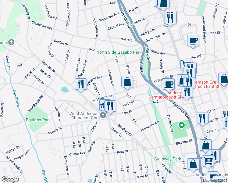 map of restaurants, bars, coffee shops, grocery stores, and more near 1703 Martin Avenue in Anderson