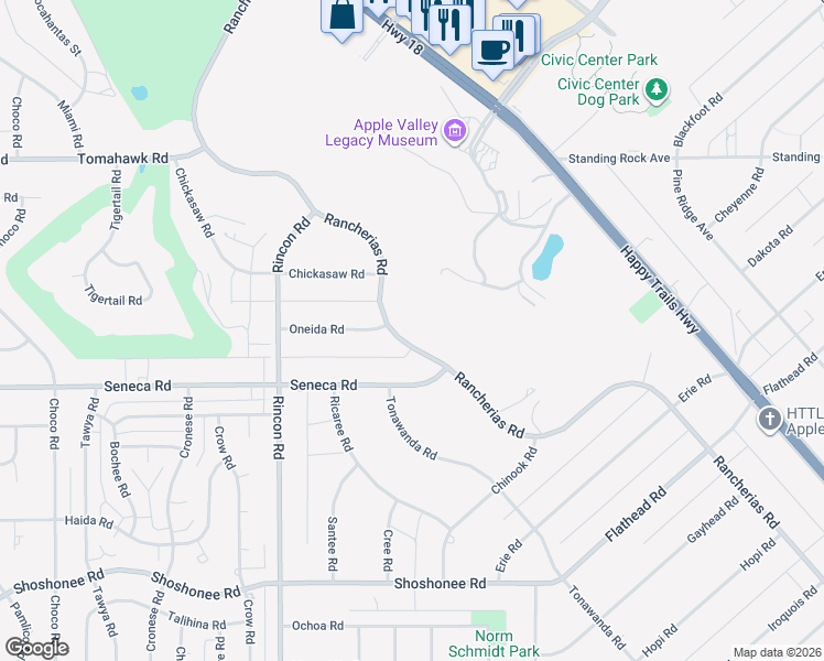 map of restaurants, bars, coffee shops, grocery stores, and more near 20324 Rancherias Road in Apple Valley