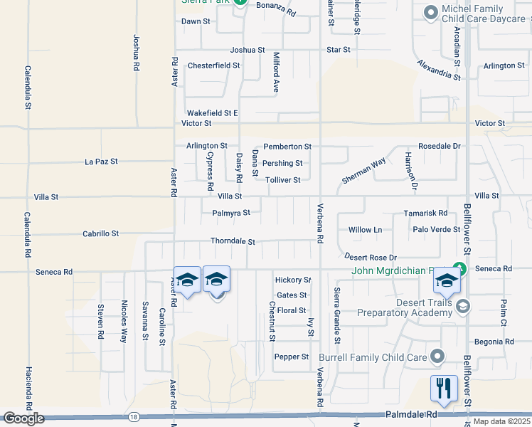 map of restaurants, bars, coffee shops, grocery stores, and more near 14643 Dana Street in Adelanto