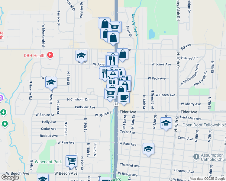 map of restaurants, bars, coffee shops, grocery stores, and more near 1707 Chisholm Drive in Duncan