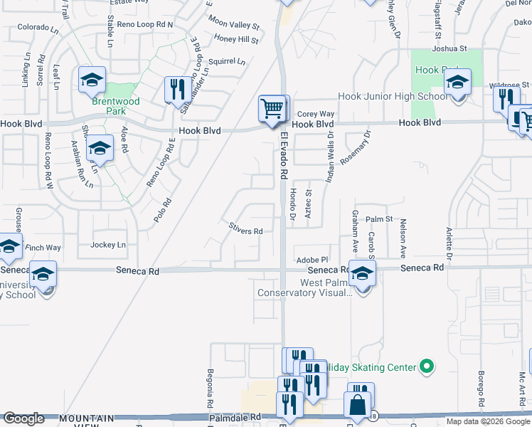 map of restaurants, bars, coffee shops, grocery stores, and more near 14452 El Grande Way in Victorville