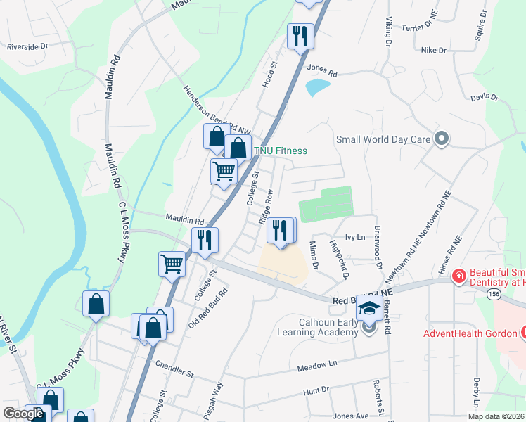 map of restaurants, bars, coffee shops, grocery stores, and more near 98 5th Street in Calhoun