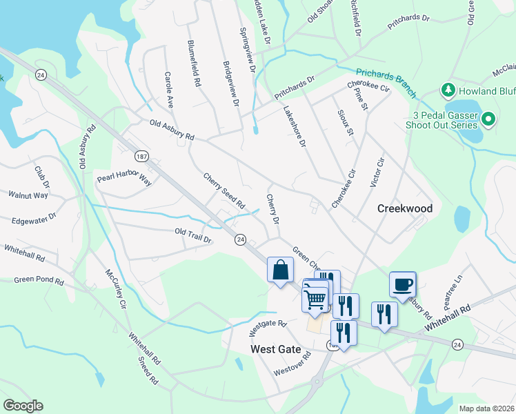 map of restaurants, bars, coffee shops, grocery stores, and more near 329 Cherry Drive in Anderson