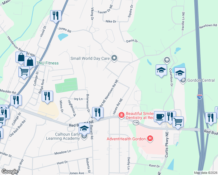 map of restaurants, bars, coffee shops, grocery stores, and more near 282 Newtown Road Northeast in Calhoun