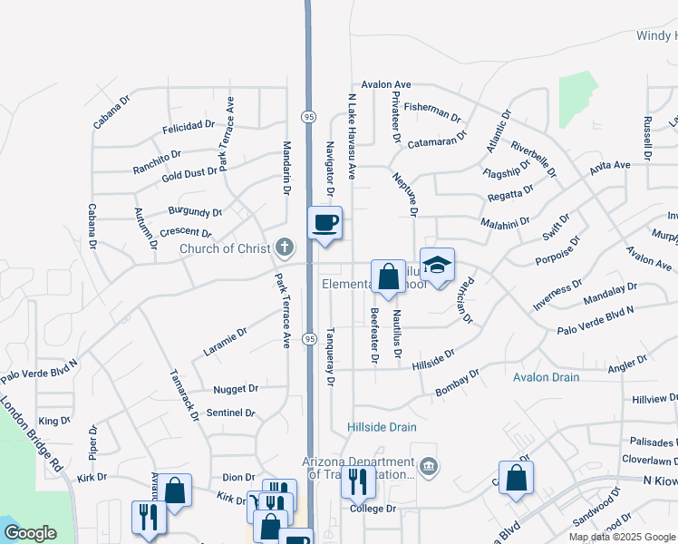 map of restaurants, bars, coffee shops, grocery stores, and more near 1479 Tanqueray Drive in Lake Havasu City