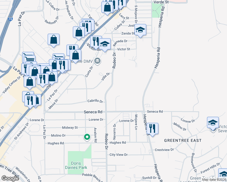 map of restaurants, bars, coffee shops, grocery stores, and more near 14598 Navarro Drive in Victorville