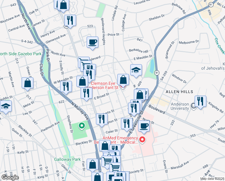map of restaurants, bars, coffee shops, grocery stores, and more near 300 East Broad Street in Anderson