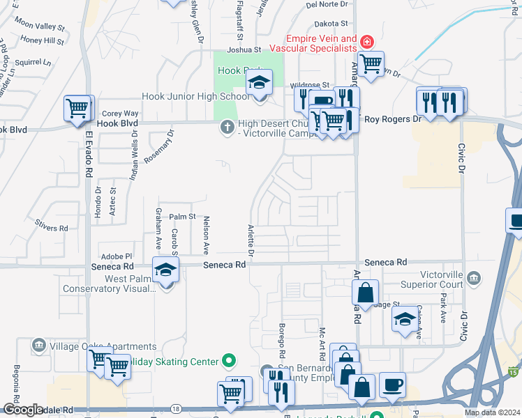 map of restaurants, bars, coffee shops, grocery stores, and more near 15252 Seneca Road in Victorville