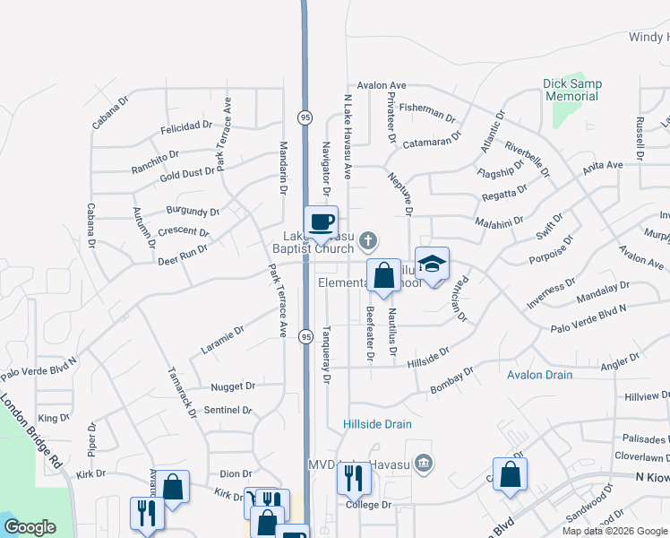 map of restaurants, bars, coffee shops, grocery stores, and more near 1479 Tanqueray Drive in Lake Havasu City