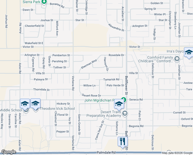 map of restaurants, bars, coffee shops, grocery stores, and more near 11068 Tamarisk Road in Adelanto