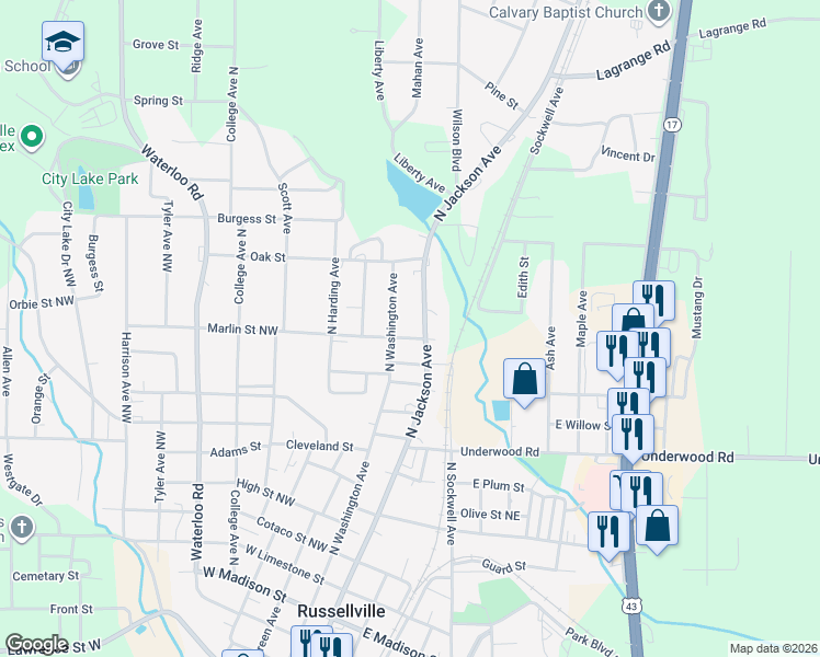 map of restaurants, bars, coffee shops, grocery stores, and more near 106 Marlin Street Northwest in Russellville