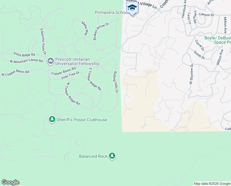 map of restaurants, bars, coffee shops, grocery stores, and more near 1741 Rolling Hills Drive in Prescott