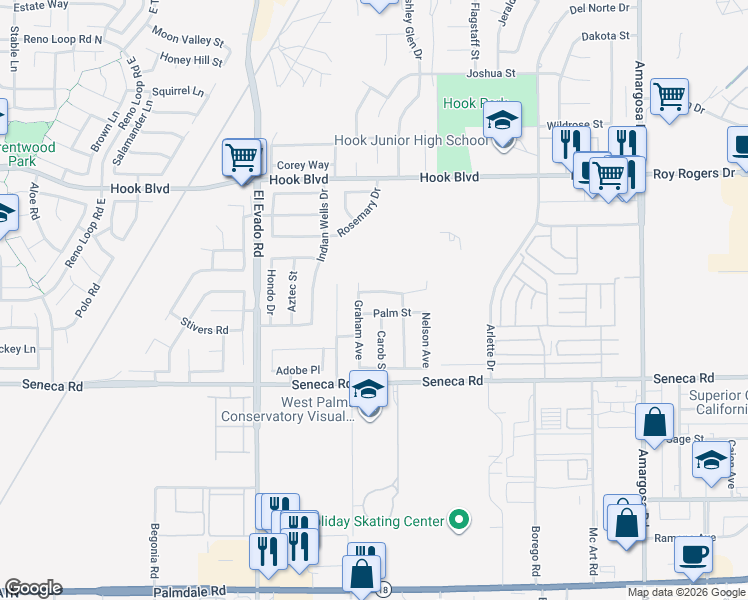 map of restaurants, bars, coffee shops, grocery stores, and more near 14743 Rockrose Street in Victorville