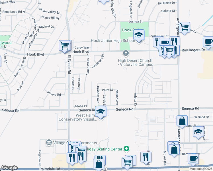 map of restaurants, bars, coffee shops, grocery stores, and more near 14771 Rockrose Street in Victorville