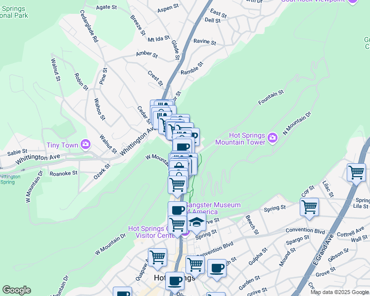 map of restaurants, bars, coffee shops, grocery stores, and more near 231 Central Avenue in Hot Springs