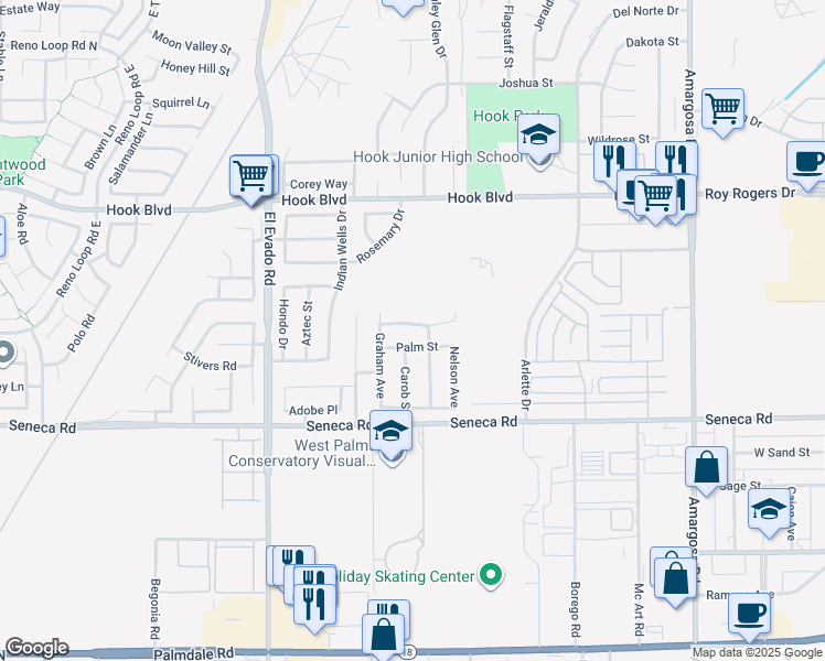 map of restaurants, bars, coffee shops, grocery stores, and more near 14771 Rockrose Street in Victorville