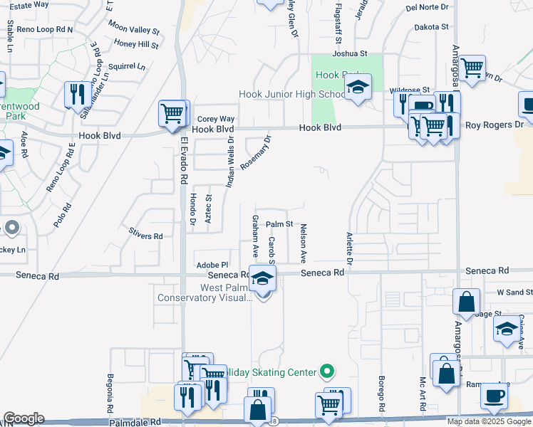 map of restaurants, bars, coffee shops, grocery stores, and more near 14743 Rockrose Street in Victorville