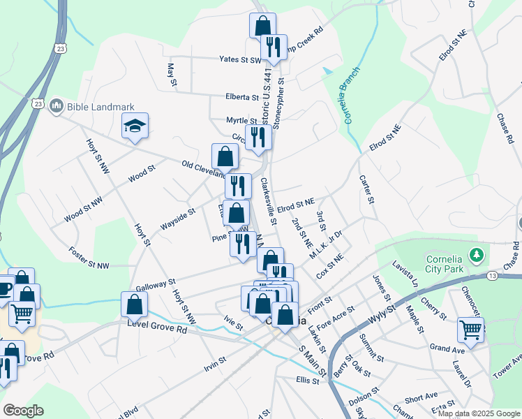map of restaurants, bars, coffee shops, grocery stores, and more near 500-524 North Main Street in Cornelia