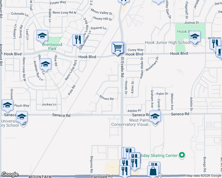 map of restaurants, bars, coffee shops, grocery stores, and more near 14427 Green River Road in Victorville