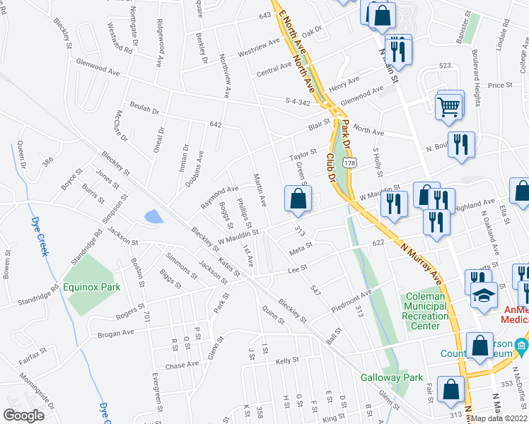 map of restaurants, bars, coffee shops, grocery stores, and more near 1709 Martin Avenue in Anderson