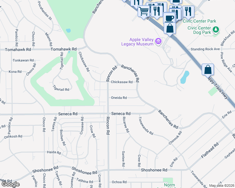 map of restaurants, bars, coffee shops, grocery stores, and more near 20150 Oneida Road in Apple Valley