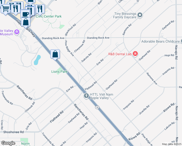 map of restaurants, bars, coffee shops, grocery stores, and more near 21006 Pine Ridge Avenue in Apple Valley