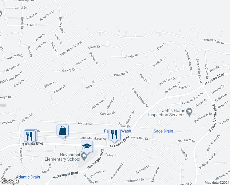 map of restaurants, bars, coffee shops, grocery stores, and more near 3072 Mirage Drive in Lake Havasu City