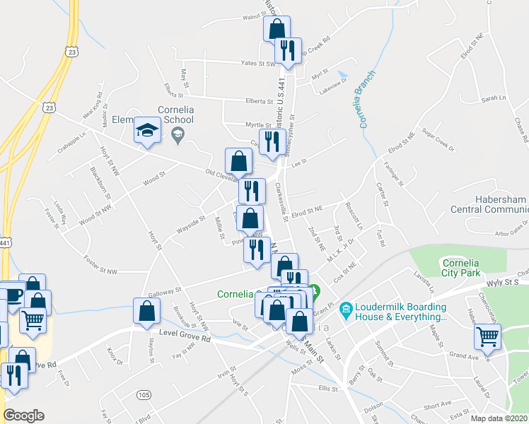 map of restaurants, bars, coffee shops, grocery stores, and more near 524 North Main Street in Cornelia