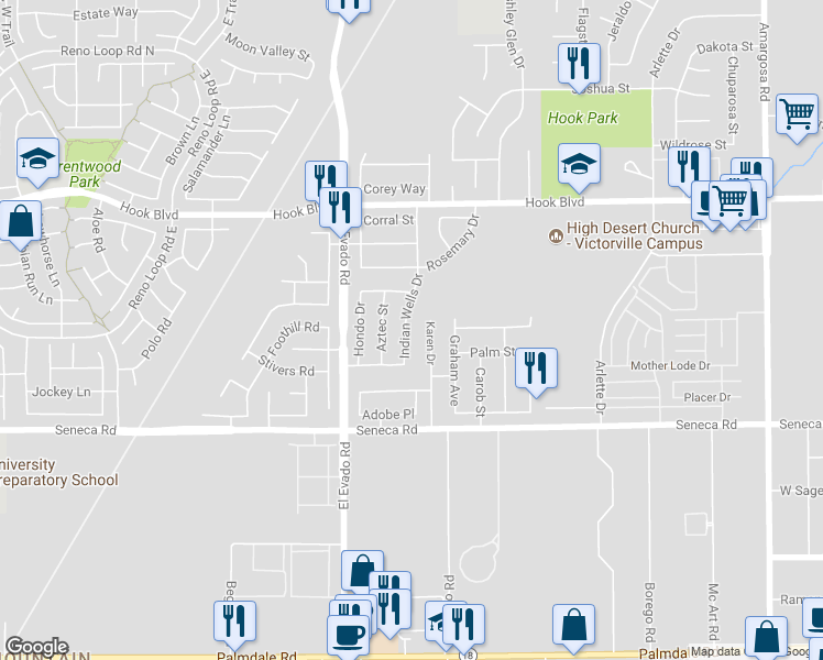 map of restaurants, bars, coffee shops, grocery stores, and more near 14681 Indian Wells Drive in Victorville
