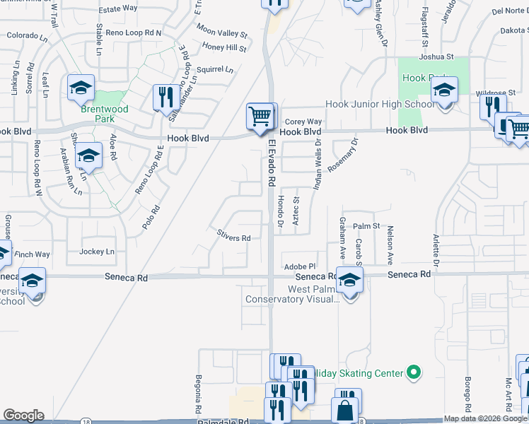 map of restaurants, bars, coffee shops, grocery stores, and more near 14677 Foothill Road in Victorville