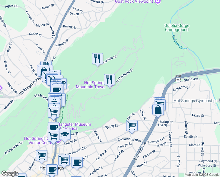 map of restaurants, bars, coffee shops, grocery stores, and more near 401 Hot Springs Mountain Drive in Hot Springs