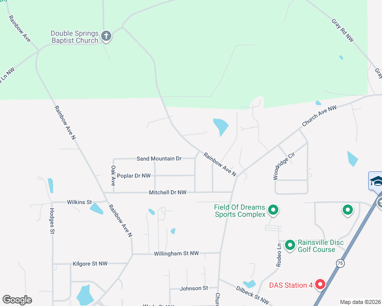 map of restaurants, bars, coffee shops, grocery stores, and more near 2782 Rainbow Avenue North in Rainsville