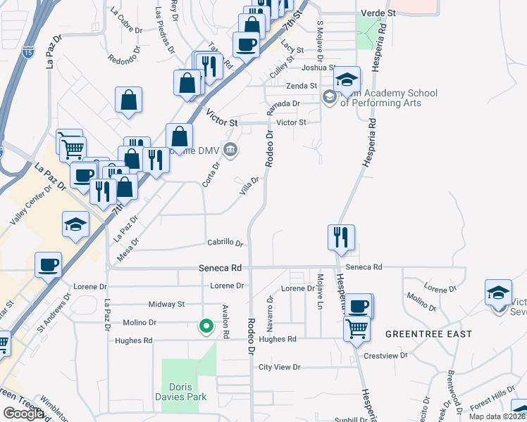map of restaurants, bars, coffee shops, grocery stores, and more near Rodeo Drive in Victorville