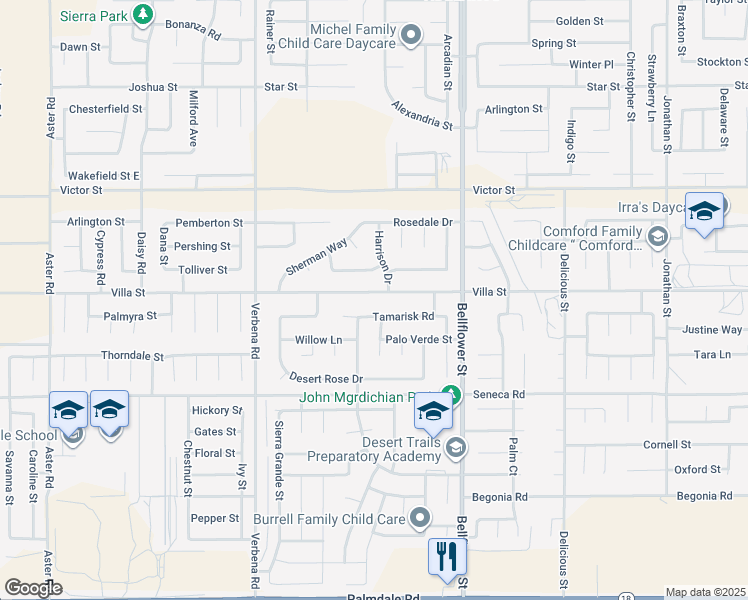 map of restaurants, bars, coffee shops, grocery stores, and more near 11117 Villa Street in Adelanto