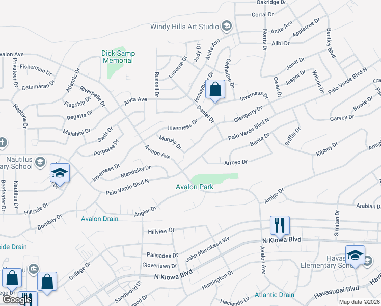 map of restaurants, bars, coffee shops, grocery stores, and more near 2600 Glengarry Dr in Lake Havasu City