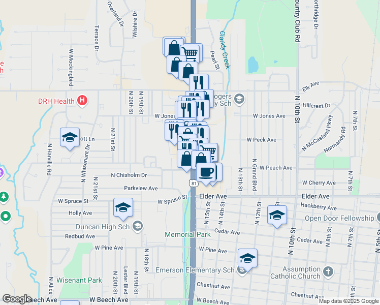 map of restaurants, bars, coffee shops, grocery stores, and more near 915 West Plato Road in Duncan