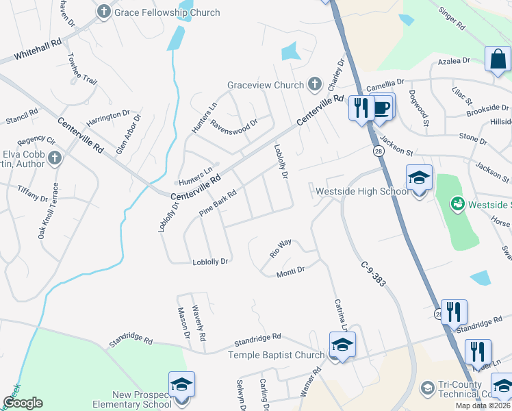 map of restaurants, bars, coffee shops, grocery stores, and more near 107 Pine Needle Trail in Anderson