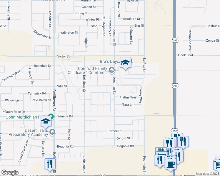 map of restaurants, bars, coffee shops, grocery stores, and more near 11654 Villa Street in Adelanto