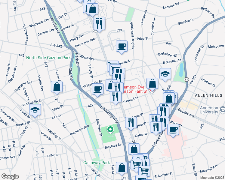 map of restaurants, bars, coffee shops, grocery stores, and more near 114 Midtown Square in Anderson