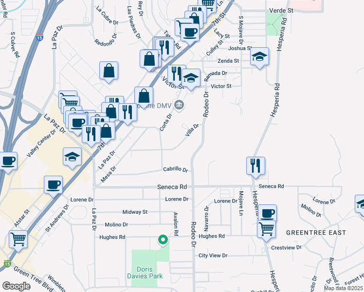 map of restaurants, bars, coffee shops, grocery stores, and more near 16479 Villa Drive in Victorville