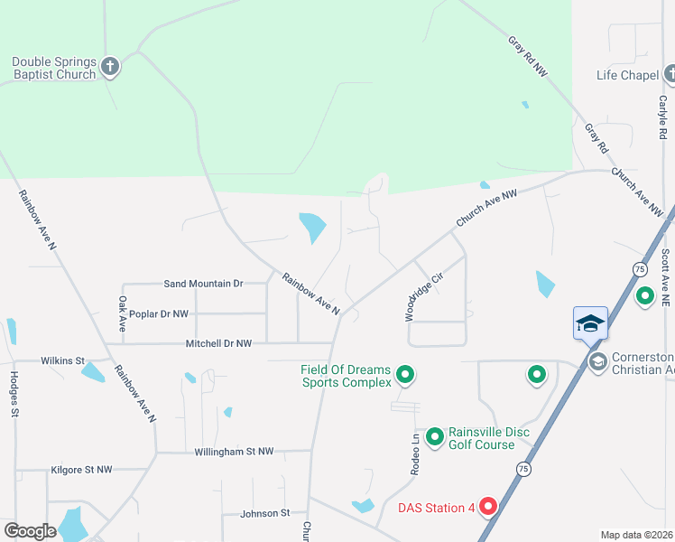 map of restaurants, bars, coffee shops, grocery stores, and more near 2985 Rainbow Avenue Northwest in Rainsville